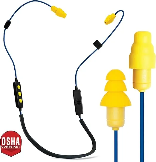 Plugfones Liberate 2.0 Wireless Bluetooth in-Ear Earplug Earbuds- 29NRR Noise Reduction Headphones with Noise Isolating Mic and Controls (Blue & Yellow)