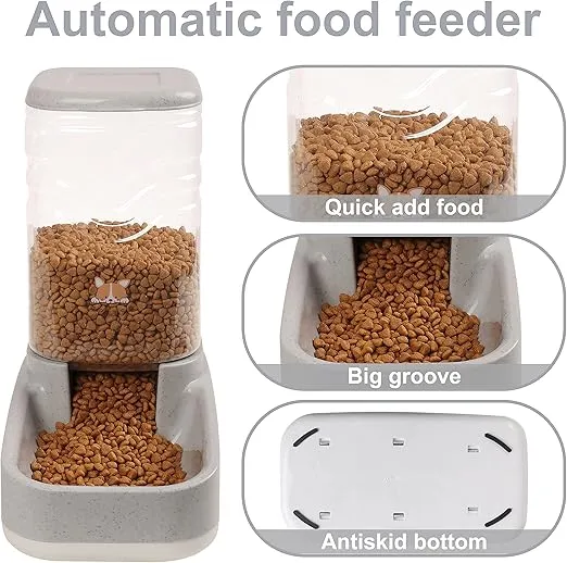 ELEVON Automatic Dog Cat Gravity Food and Water Dispenser Set with Pet Food Bowl for Small Large Pets Puppy Kitten Rabbit Large Capacity(White & Gray, 3.8L)