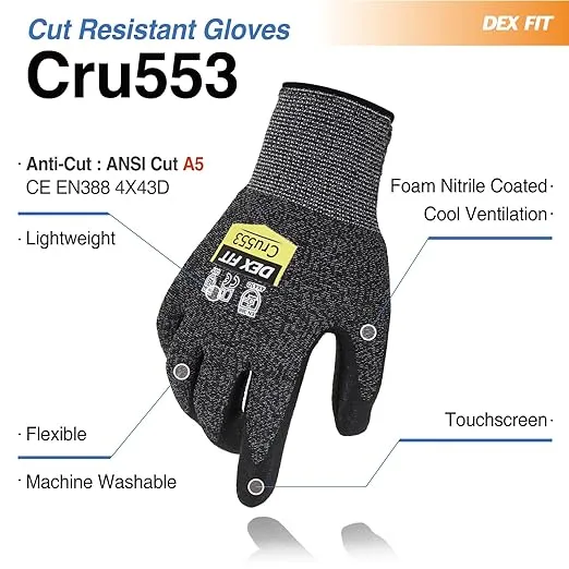 DEX FIT Level 5 Cut Resistant Gloves Cru553, 3D-Comfort Fit, Firm Grip, Thin & Lightweight, Touch-Screen Compatible, Durable, Breathable & Cool, Machine Washable; Black Grey M (8) 3 Pairs