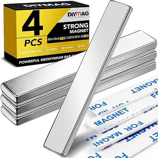 DIYMAG Strong Neodymium Bar Magnets with Double-Sided Adhesive, Rare Earth Magnet for Fridge, DIY, Garage- 60 x 10 x 3 mm, Pack of 2
