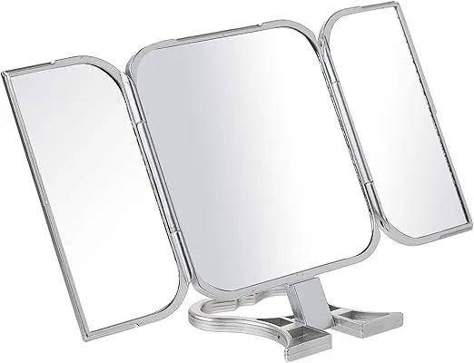 Danielle Creations 3-Way Foldable Travel Makeup Mirror with Built in Stand and Handle, Silver