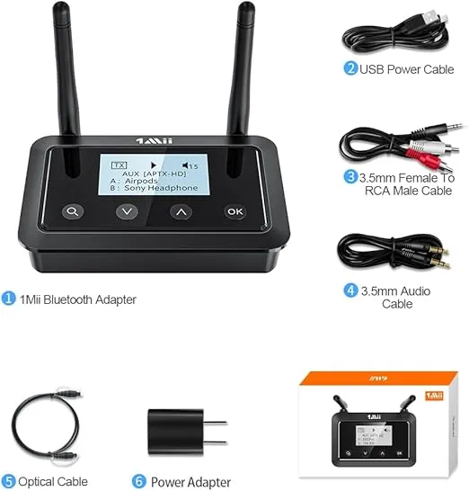 1Mii B03+ Bluetooth Transmitter Receiver for TV Home Stereo, Long Range Bluetooth 5.3 Adapter for TV Audio with Screen, aptX Low Latency & HD, Optical RCA AUX 3.5mm Inputs/Outputs