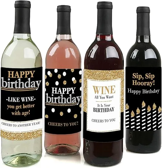 Adult Happy Birthday - Gold - Birthday Party Gift for Women and Men - Wine Bottle Label Stickers - Set of 4