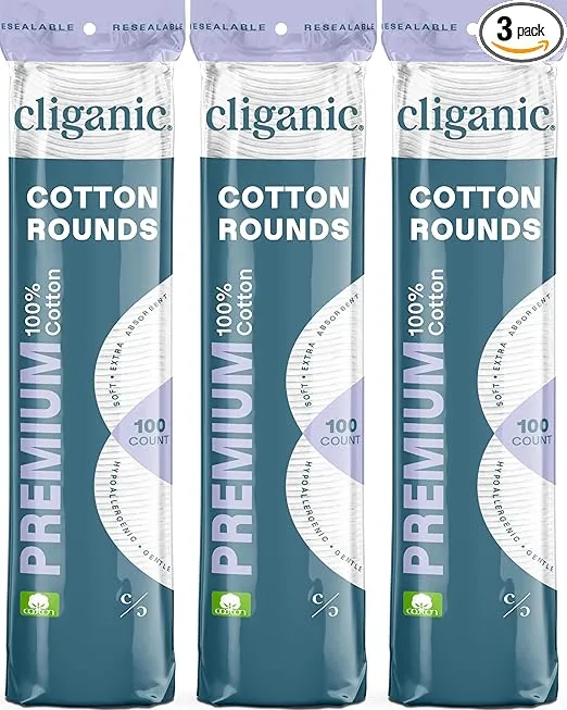 Cliganic Premium Cotton Rounds for Face (300 Count) - Makeup Remover Pads, Hypoallergenic, Lint-Free | 100% Pure Cotton (Packaging May Vary)