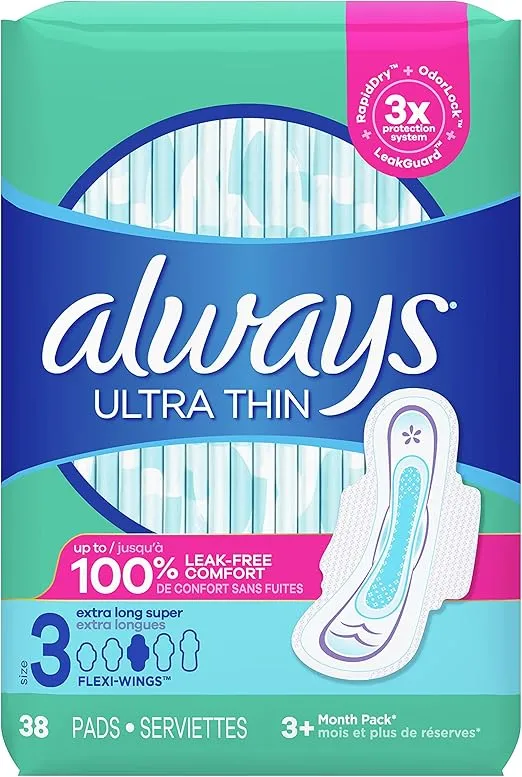 Always Ultra Thin Feminine Pads For Women, Size 3 Extra Long Super Absorbency, With Wings, Unscented, 38 Count