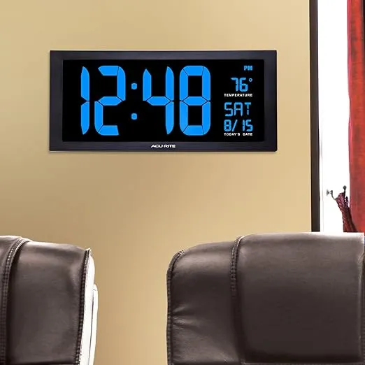 AcuRite 76100M Oversized LED Clock with Indoor Temperature, Date and Fold-Out Stand 18-Inch Blue