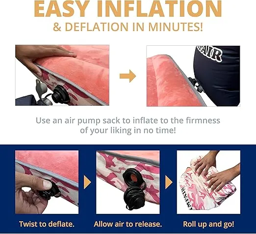 3-Layer Inflatable Single Air Mattress for Camping, Travel, Indoor, Outdoor - Ultra Thick 4.75 Inch, Machine Washable, Built-in Zipper Convertible to Queen Size, Lightweight 3.6 Pound, Pink