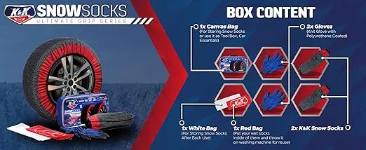 K&K Automotive Snow Socks for Tires - Pro Series for Ultimate Grip Alternative for Tire Snow Chain - Snow Traction Device for Passenger Cars SUVs Trucks Winter Emergency Accessory European(Medium)