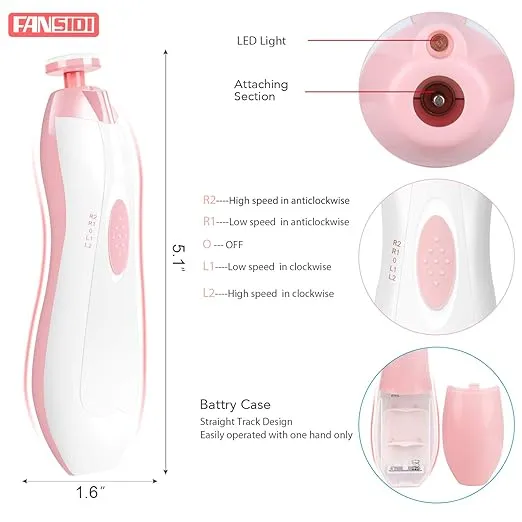 Baby Nail Trimmer Electric, FANSIDI Baby Nail File Infant Nail Clippers with 10 Grinding Pads 8 Sandpapers for Newborn Infant Toddler or Adults Toes Fingernails Care - AA Battery Operated (White/Pink)