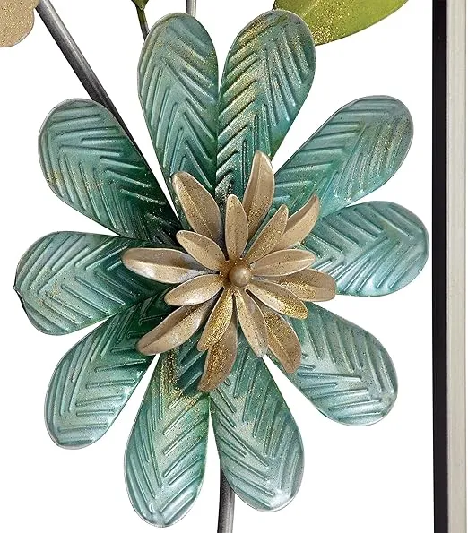 Deco 79 Metal Floral Home Wall Decor Wall Sculpture with Silver Frame, set of 2 Wall Art 12" x 2" x 35", Green