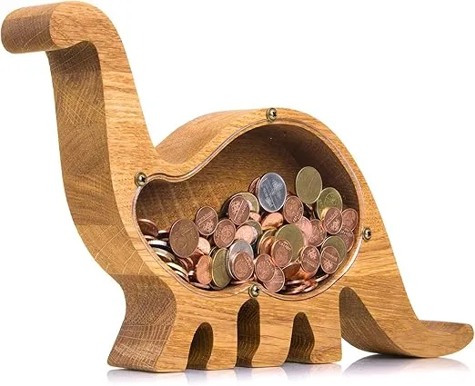 Dinosaur Piggy Bank for Boys Girls – Durable and Practical Money Saving Box – Natural Oak Wood w Transparent Plexiglass Idea for Developing Money Saving Habit (Personalized)