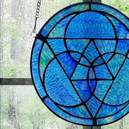 RIVER OF GOODS 8.5" Stained Glass Window Panel - Tiffany-Style - Hanging Large Suncatcher, Decorative Glass Wall Décor, Geometric
