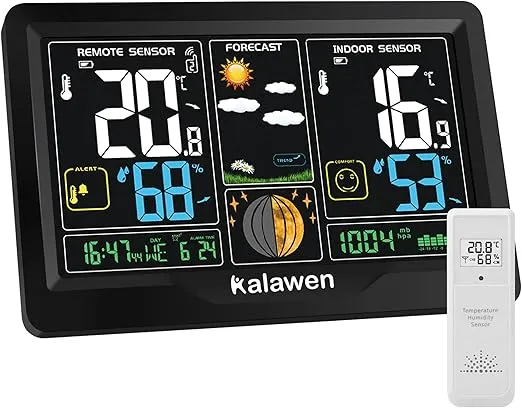 Weather Stations Wireless Indoor Outdoor 7.4” Large Color Display Home Weather Stations Indoor Outdoor Thermometer with Atomic Clock, Weather Forecast, 5 Adjustable Backlight