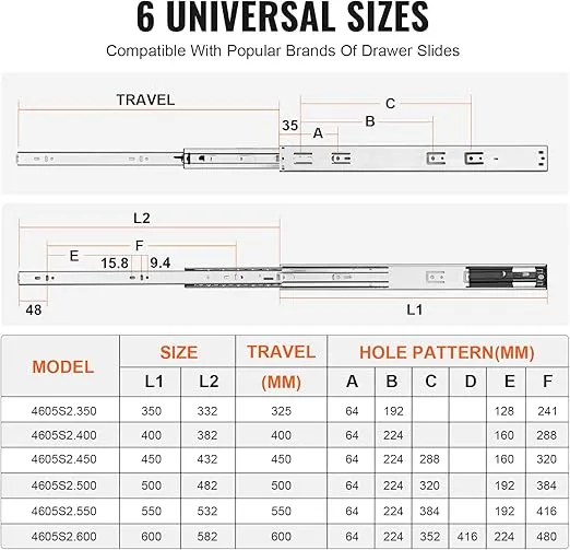 VEVOR 6 Pairs Soft Close Drawer Slides 14 16 18 20 22 24 Inch Heavy Duty Side Mount Rails,Ball Bearing Full Extension Noiseless Dresser Drawer Slides, 100 Lbs Load Capacity(6 Pairs, 22 Inch)