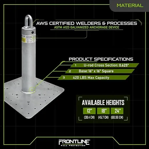 Frontline Fall Protection RO18 Commercial Roof Anchor 18"| OSHA & ANSI Compliant Galvanized Steel Roofing Anchor Point | Metal, Wood or Concrete Application