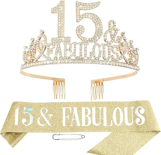 15th Birthday Decorations, 15th Birthday Sash and Tiara for Women, Happy 15th Birthday Decorations for Women, 15 and Fabulous Birthday Decorations, 15 Birthday Decorations Birthday Crown for Women