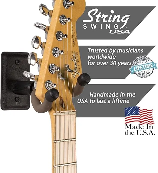 String Swing Guitar Hanger - Holder for Electric Acoustic and Bass Guitars - Stand Accessories Home or Studio Wall - Musical Instruments Safe Without Hard Cases - Black Heavy Duty Steel BCC11K 2-Pack