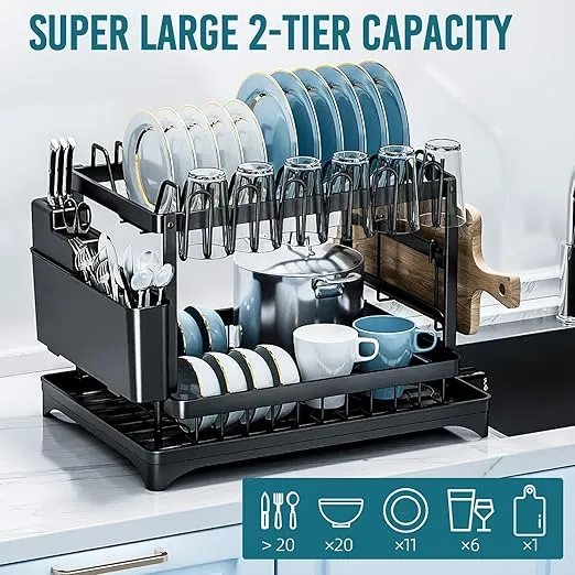 TAILI Dish Drying Rack for Kitchen Counter with Drainboard, Large 2 Tier Dish Rack and Drainboard Set with Cutlery Holder