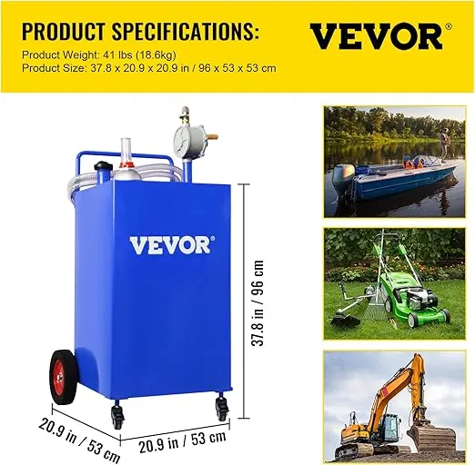 VEVOR 30 Gallon Fuel Caddy, Gas Storage Tank & 4 Wheels, with Manual Transfer Pump, Gasoline Diesel Fuel Container for Cars, Lawn Mowers, ATVs, Boats, More, Blue