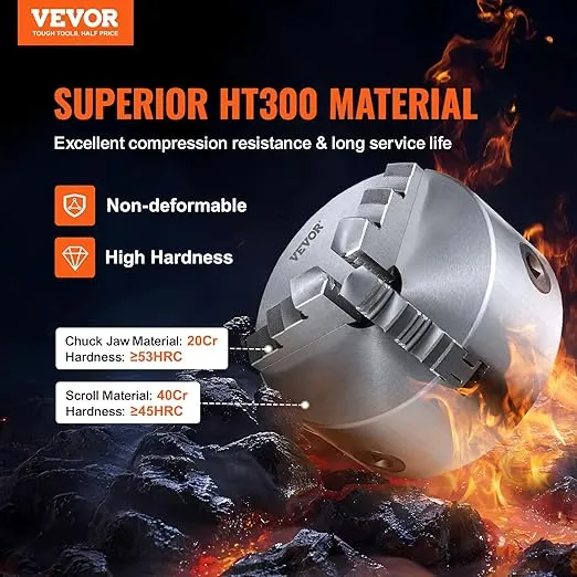 VEVOR 3-Jaw Lathe Chuck, 6'' Self-Centering Lathe Chuck, 0.14-6.3 in/3.5-160 mm Clamping Range with T-key Fixing Screws Reversible Jaws, for Lathe 3D Printer Machining Center Milling Drilling Machine