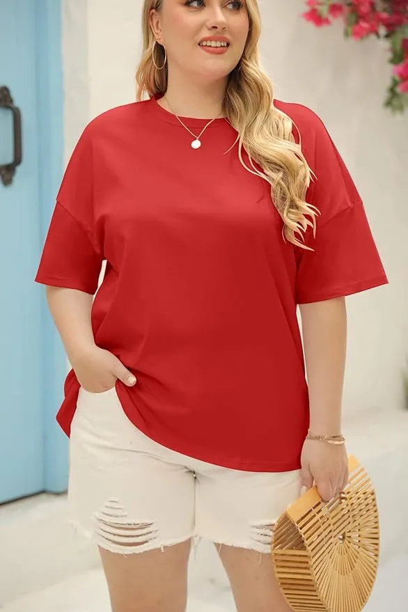 Fisoew Women's Plus Size T Shirts Oversized Tees Summer Half Sleeve Crew Neck Tunic Tops