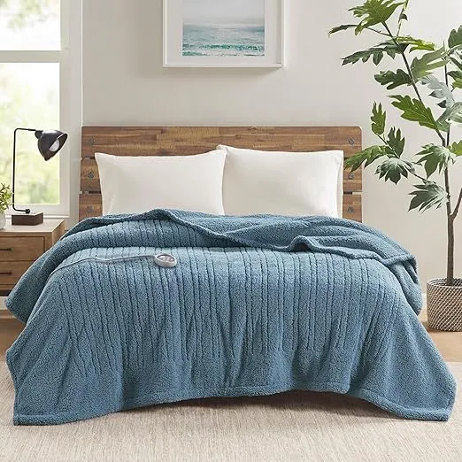 Sleep Philosophy True North Heated Electric Blanket for Cold Weather, Fast Heating, Cozy Sherpa Heated Blanket, Auto Shut Off, Virtually Zero EMF, 20 Heat Settings, UL Certified, Twin Blue