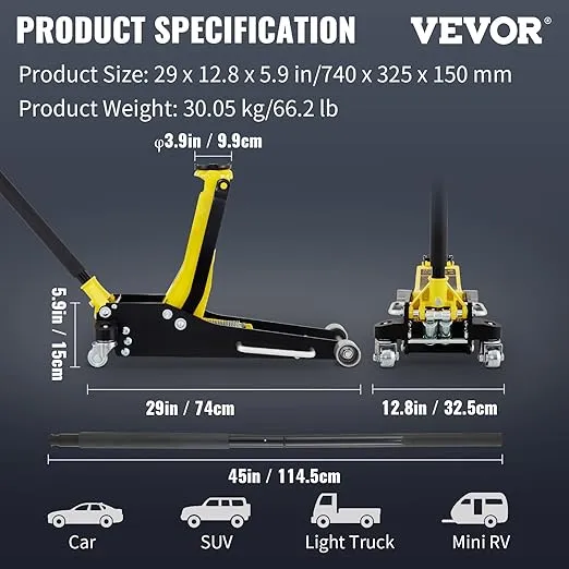 VEVOR Floor Jack, 2.5 Ton Low Profile Floor Jack, Aluminum and Steel Racing Floor Jack with Dual Pistons Quick Lift Pump, Floor Jack Lifting Range 3-3/4"-18-7/10"