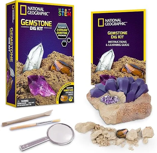 NATIONAL GEOGRAPHIC Gemstone Dig Kit – Excavate 3 real gems including Amethyst, Tiger’s Eye & Rose Quartz - Great STEM Science gift for Mineralogy and Geology enthusiasts of any age