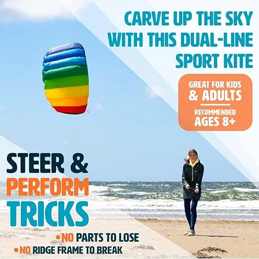 HQ Kites Symphony Beach III 51in (1.3m) Dual Line Parachute Stunt Foil Sport Kite Ready to Fly Outdoor Fun Sports for Boys and Girls Ages 8 and Up - Rainbow Color