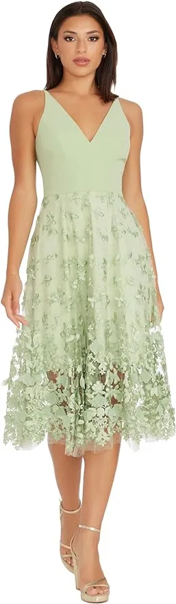 Dress the Population Women's Darleen Sleeveless Plunging Neckline Fit and Flare Midi Dress