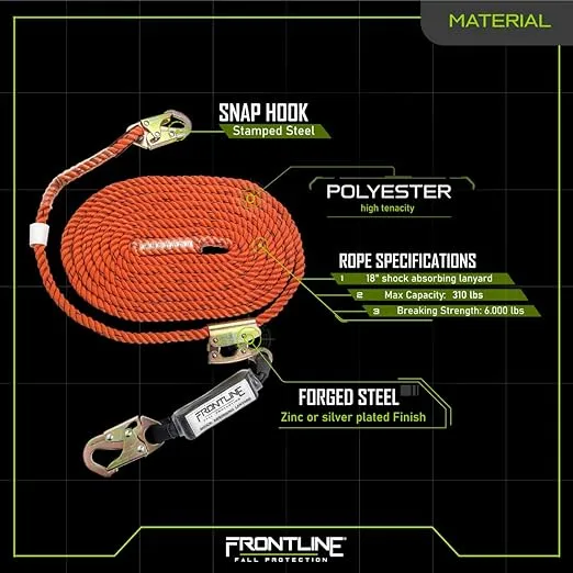 Frontline VLP100R3L Premium Vertical Lifeline with Openable Rope Grab 100' and Shock Pack | High Tenacity Polyester Material | Double Locking Closing Mechanism | OSHA & ANSI Compliant