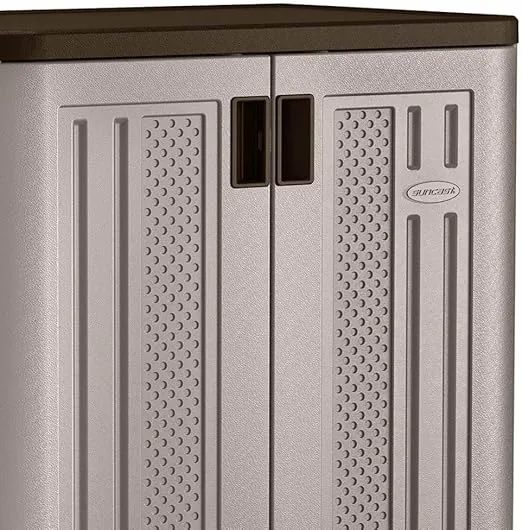 Suncast Base Storage Cabinet, Heavy-Duty Resin Multi-Wall Storage with Shelves, 9 Cubic Feet Capacity, Platinum Metallic/Slate