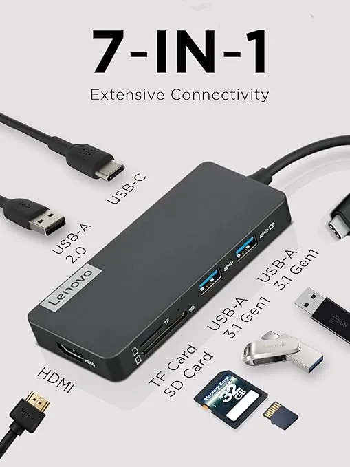 Lenovo – USB-C 7-in-1 Hub – Computer Networking Laptop Accessory – Laptop Docking Station - 4K via HDMI, 3 USB-A devices, 2 SD/TF Card Readers USB-C Power Pass Through