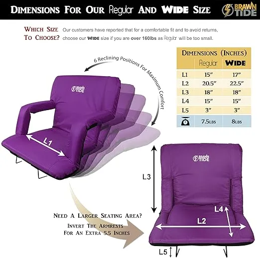 BRAWNTIDE Stadium Seat with Back Support - Comfy Cushion, Thick Padding, 2 Steel Bleacher Hooks, 4 Pockets, 2 Cup Holders, Reclining Back, Ideal Chair for Sport Events, Beaches, Camping, Concerts