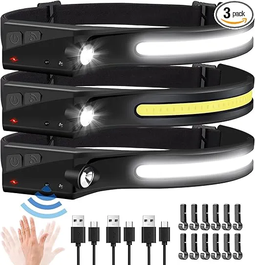 Headlamp Flashlight, 3Pack Rechargeable LED Headlamps 1200Lumens 2 COB 230°Wide Beam Headlight with Motion Sensor Bright 5 Modes Lightweight Waterproof Head Lamp for Outdoor Running, Camping Hiking
