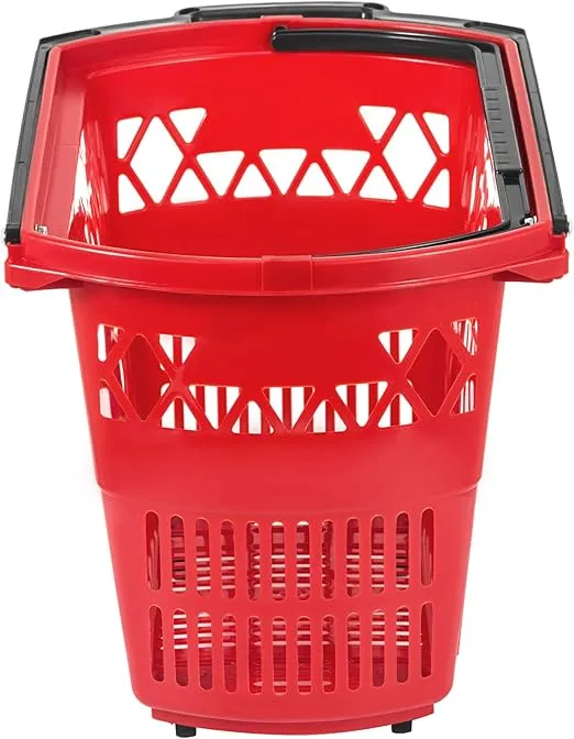 Mophorn 6PCS Shopping Carts, Plastic Rolling Shopping Basket with Wheels, Red Shopping Baskets with Handles, Portable Shopping Basket Set for Retail Store