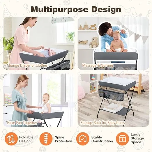 Costzon Baby Changing Table, Folding Diaper Station Nursery Organizer for Infant (Dark Gray)