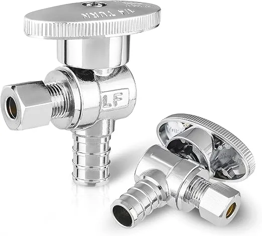 (Pack of 2) EFIELD 1/4 Turn Angle Stop Valve 3/8" OD Compression x 1/2" Pex Barb Crimp Chrome Plated Brass