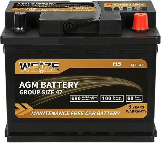 Weize Platinum AGM Battery BCI Group 47-12v 60ah H5 Size 47 Automotive Battery, 100RC, 680CCA, 36 Months Warranty