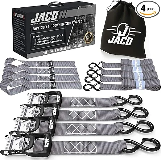 JACO Heavy Duty Ratchet Straps - 1.6 inch x 8 ft (4 Pack) | Tie Down Kit with Soft Loops - 5,208 lbs (Grey)