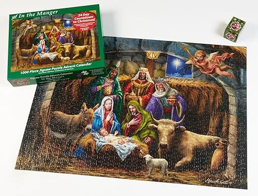Jigsaw Puzzle Advent Calendar 2024 - Manger Scene - 1000 Pieces by Vermont Christmas Company - 24 Puzzle Sections to Complete - Religious Advent Calendar Puzzle