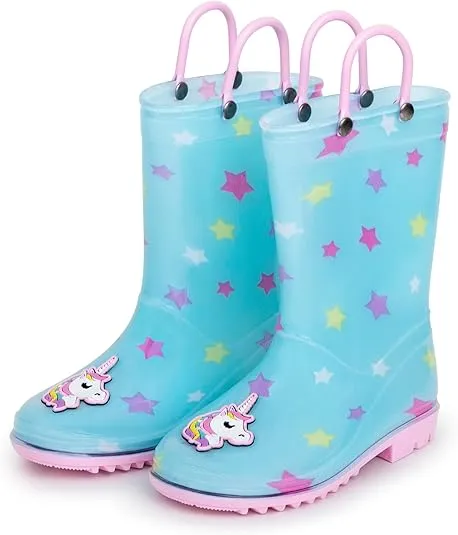 Toddler Rain Boots, Kids Rain Boots Waterproof Rubber Boots for Girls and Boys with Sock, Fun Patterns, Easy-On Handles 8-12
