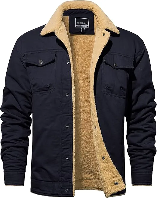 TACVASEN Men's Winter Jacket Sherpa Fleece Lined Cargo Coat Warm Thick Trucker Jacket with Multi Pockets