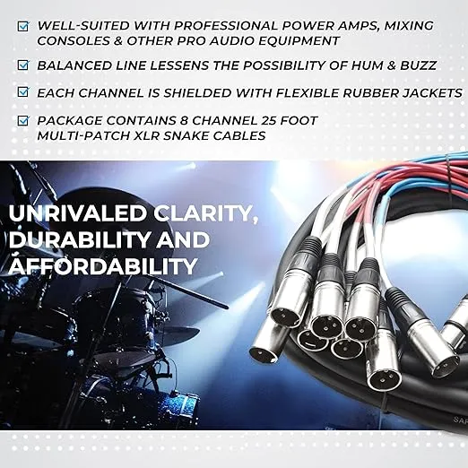 Seismic Audio Speakers 8 Channel XLR Snake Cables, Pro Audio Snake Cables, 25 Foot, Multiple Colored Coded Cables