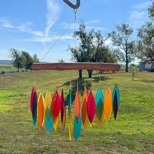 Blue Handworks Santa Fe Glass Chime, Sandblasted Glass and Found Wood Handcrafted Wind Chime