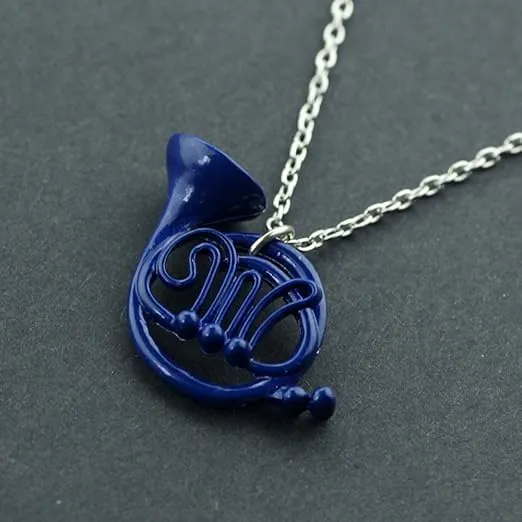 Blue French Horn Yellow Umbrella Pendant Charm Chain Necklace - Metal