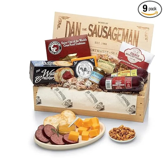 Dan the Sausageman's Favorite Gourmet Gift Basket Featuring Smoked Summer Sausage, Savory SeaBear Salmon, Wisconsin Cheese, Sweet Hot Mustard, and a Reuseable Keepsake Wood Pine Crate
