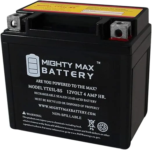 YTX5L-BS -12 Volt 4 AH, 80 CCA, Rechargeable Maintenance Free SLA AGM Motorcycle Battery