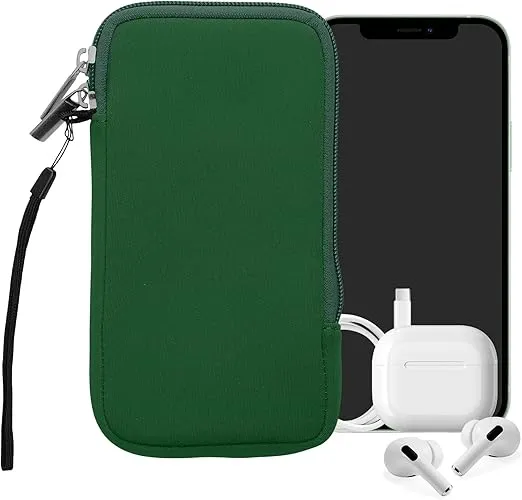kwmobile Neoprene Phone Pouch Size XL - 6.7/6.8" - Universal Cell Sleeve Mobile Bag with Zipper, Wrist Strap - Moss Green