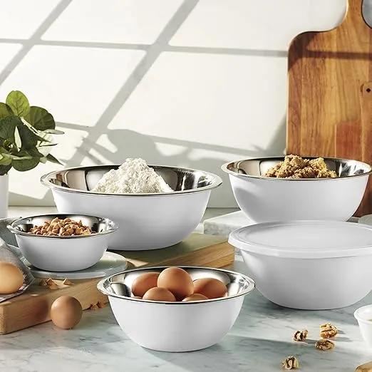 WHYSKO Stainless Steel Mixing Bowls With Lids Set, 5 Sizes Nesting Mixing Bowls for Your Kitchen Meal Prep, Cooking, Baking, and Food Storage (White Bowls with White Lids)